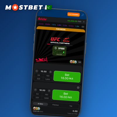 Mostbet app Aviator crash game tile showing a red plane climbing a multiplier curve on dark background