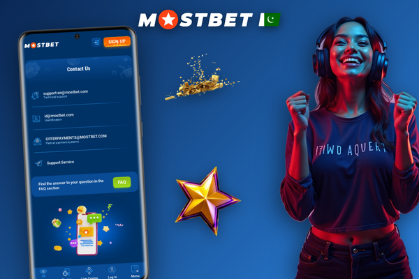 Mostbet app registration support agent with headset beside a chat bubble in English and Urdu languages