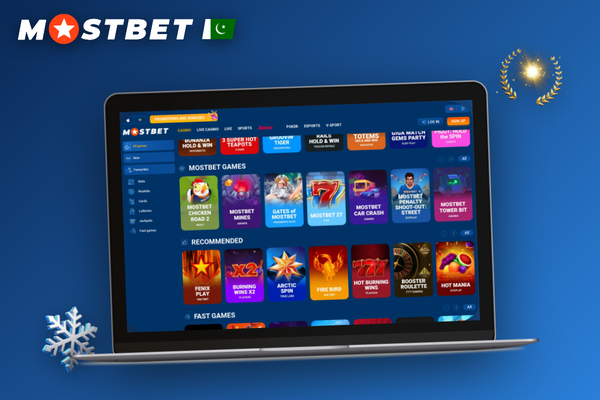 Player at a laptop exploring Mostbet Casino game providers with stylised studio badges
