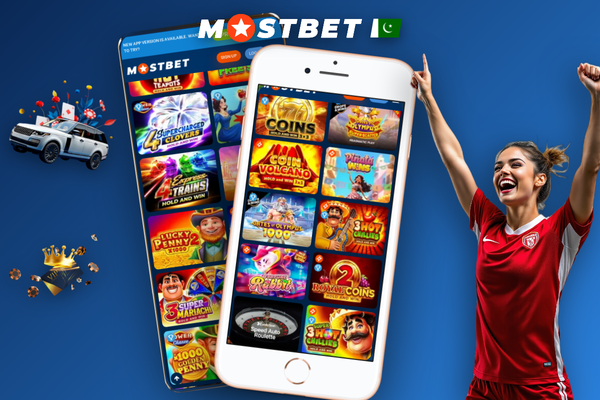 Hand holding a phone playing a Mostbet casino online colourful slot game mid-spin